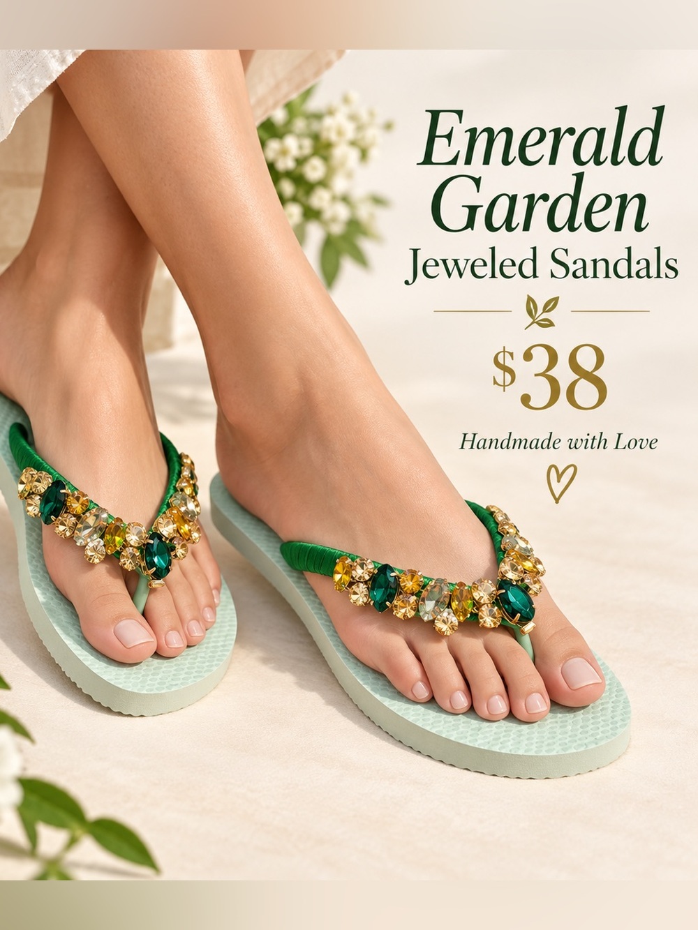 🩷. S-51. Jeweled Green Flip Flop Sandals with Emerald Accents